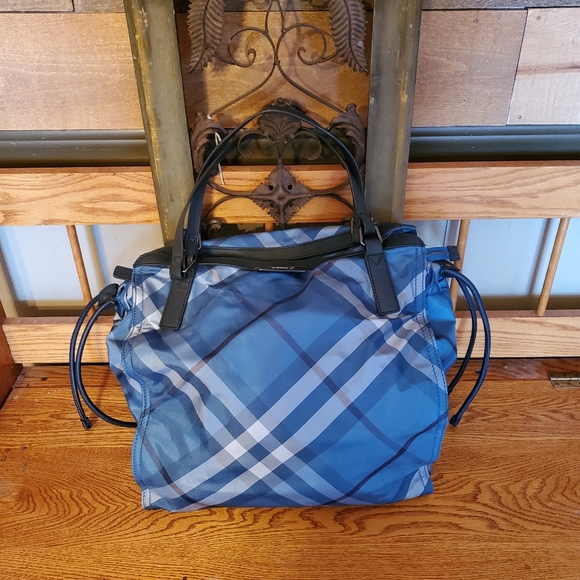 Burberry Blue & Black Plaid Nylon Tote Bag - Picture 2 of 16